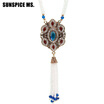 Elegent Arabesque Seed Bead Wedding Tassel Long Necklace Turkish Women Ethnic Jewelry Antique Gold Color Resin Pendant Necklace