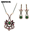 Vintage Turkish Flower Heart Resin Jewelry Sets Women Antique Gold Color Crystal Long Hook Earrings Necklace India Bride Bijoux