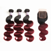 Racily Hair Ombre Brazilian Body Wave Hair 3 Bundles with Lace Closure 1B Burgundy Human Hair Weave Bundles Dark Red to 99J