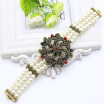 Vintage Rhinestone Flower Beaded Bracelet Women Antique Gold Color Turkish Jewelry Simulated Pearl Bridal Banquet Bracelets