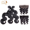 JSDshine 3 Bundle Human Hair Weaving Body Wave with Lace Frontal Closure with Body Wave Hair Natural Black Virgin Indian Soft Hair