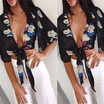 Womens Satin Silk Tie Knot Crop Top Ladies Front Flared Sleeve Plunge Neck