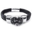 Hpolw Mens black Stainless-Steel Leather Bracelet&Braided Gothic Lion Charms Spring buckle Bracelet