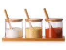 Botellas de vidrio con condimentos utensilios de cocina condimentos frascos kits de acondicionamiento de vidrio y una cuchara de madera