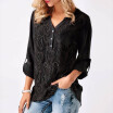 Women Fashion Casual Solid Color Patchwork Lace Button Pocket V Neck Tops Plus Size Long Sleeve Autumn Slim Fit Pullover Chiffon B