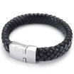 Hpolw Mens Black Genuine Leather&Stainless Steel Hand woven Magnetic ClaspSpring buckle BraceletBangle