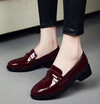women shoes penny loafers slip on chunky heel square toe patent leather casual boat shoes