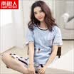 Antarctic pajamas women summer cotton short-sleeved two-piece suit cartoon Korean version of fresh students cotton wear home service blue&white XL