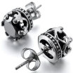 Hpolw Mens 2PCS Stainless Steel Stud Earrings CZ Silver Black Royal King Crown Vintage Elegant Set