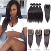 7A Peruvian Virgin Hair 4 Bundles Straight with Closure Hair Bundle with Closure 4x4 Inch Free Part Soft&Bouncy 1B Color