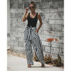 Summer Women Casual High Waist Drawstring Striped Wide Leg Long Pants Trousers