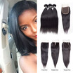 7A Brazilian Virgin Hair Straight with Closure 3 Bundles Hair Extensions Good Quality Human Hair Bundles with closure 1B Color