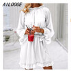 Lace up backless mesh dress women Elegant stringy selvedge sash mini dress Fashion long flare sleeve dresses vestidos