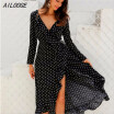 Polka dot ruffle wrap long dress Women Split long sleeve spring casual dress 2018 Streetwear black maxi dress vestidos