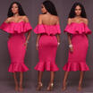 Womens Off Shoulder Long Sleeve Frill Ruffle Bardot Midi Bodycon Dress Size 6-14