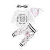 4Pcs Newborn Baby Girl Flower Striped Tops Romper Long Pants Hat Outfits Clothes