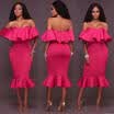 Womens Off Shoulder Long Sleeve Frill Ruffle Bardot Midi Bodycon Dress Size 6-14