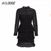 Elegant hollow out ruffle lace dress Women vintage long sleeve slim short dress Sexy christmas party dress vestidos