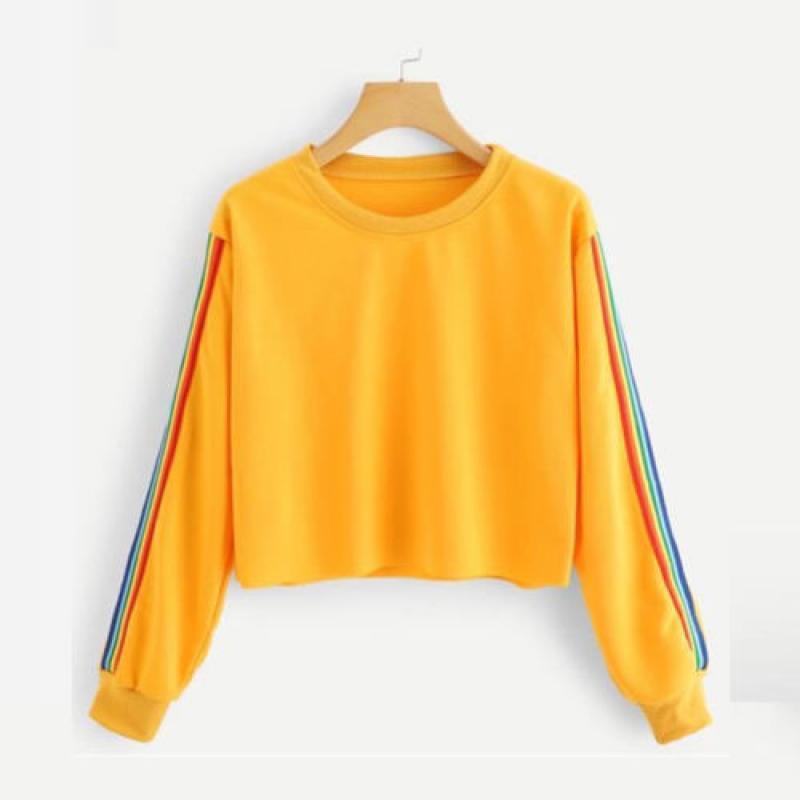 Autumn Womens Rainbow Stripe Long Sleeve Crop Top Causal Crew Neck Short Hoodie