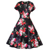 Hepburn Vintage Series Dress Spring And Summer V-Neck Maple Leaf&Floral Printing Design Short Sleeve Corset Women Retro Dress