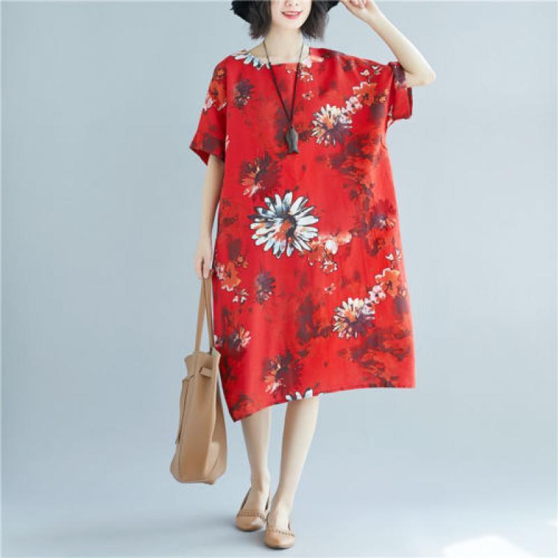 Women Plus Size Boho Half Sleeve Floral Cotton Linen Long Oversized Maxi Dress