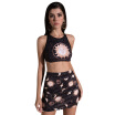 Trendy Round Collar Backless Print Crop Top with Mini Skirt Women Two-piece Set