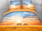 3D Couple Elephants Walking in the Grassland Printed 4-Piece Bedding Sets