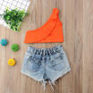 Canis Toddler Kids Girls Off Shoudler T-shirtDenim Hot Pants Shorts Outfits Set