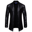Solid Color Lapel Collar Long Sleeve Mens PU Jacket