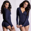 Women V Neck Bodycon Knit Bodysuit Jumper Romper Sweater Mini Dress Leotard Tops