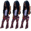 Womens Floral Printed Bell Bottom Wide Leg Flare Stretch High Waist Boho Pants