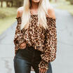 Women Summer Leopard Print Long Sleeve Off Shoulder Loose Blouse T-Shirt Tops
