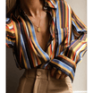 Women V Neck Long Sleeve Stripes Career Shirt Loose Plus Blouse Top Size S-2XL