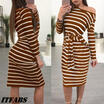 US STOCK Womens Long Sleeve Stripe Party Crew Neck Bandage Bodycon T-shirt Dress