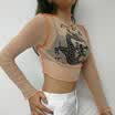 UK Women Sexy Long Sleeve See Through Fishnet Crop Top Tee Shirt Sheer Blouse
