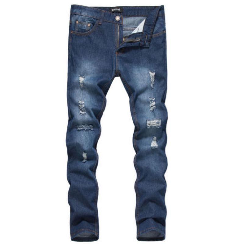 Mens Stretchy Slim Fit Biker Jeans Taped Ripped Denim Destroyed Pants Trousers
