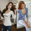 2015 Women Casual Striped Low-cut Long Sleeve T-shirt Tops Fit Slim Blouse S-L