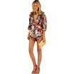 Casual Plunging Neck Three Quarter Sleeve Lace-up Mid Waist Drawstring Floral Print Loose Women Romper