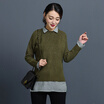 KuoyiHouse 8011A sweater spring fringe shirt collar knitting stitching fake two sets of sets of split t-shirt army green uniform