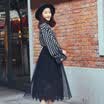 Long Yue women&39s high waist pleated skirt loose waist pure color lace in the long paragraph skirt LWQZ173104 black uniform