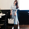 Longyue Women&39s High Waistband Dresses College Wind Short Sleeve Open Shirt Dress LWQZ174111 Blue L