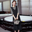A pond morning 2017 fashion temperament self-cultivation striped round neck seven sleeves back with wide leg pants fashion suit female S71R0549 black M