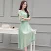 Siba homes 2017 new summer dress chiffon word collar five points sleeves pure color fresh high waist long skirt S62A0807A4S green S