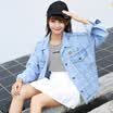 JOY OF JOY Korean Back Pattern Letter Sticker Design Jeans Jacket JWWT178134 Blue M