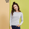 Semir Knitwear Female 2017 Fall Slim was thin&sweet One word collar Striped Elasticity 12316010201 White Gray Tone L