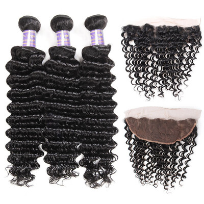 8A Remy Human Hair Lace Frontal With 3 Bundles Deep Wave Hair Extensions Natural Black
8A Remy Human Hair Lace Frontal With 3 Bundles Deep Wave Hair Extensions Natural Black