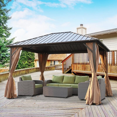 12 x 10 AluminumSteel Backyard Hardtop Gazebo with Screened Curtains - BlackBrown
12 x 10 AluminumSteel Backyard Hardtop Gazebo with Screened Curtains - BlackBrown