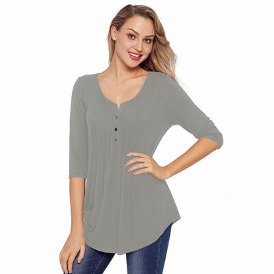 Solid color V-neck button seven-point sleeve Slim womens T-shirt casual fashion shirt
Solid color V-neck button seven-point sleeve Slim womens T-shirt casual fashion shirt