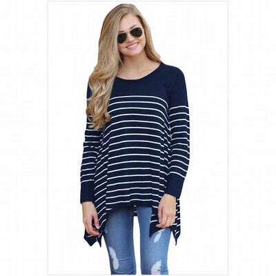 Round neck long sleeve striped stitching loose headdress irregular casual knit sweater
Round neck long sleeve striped stitching loose headdress irregular casual knit sweater