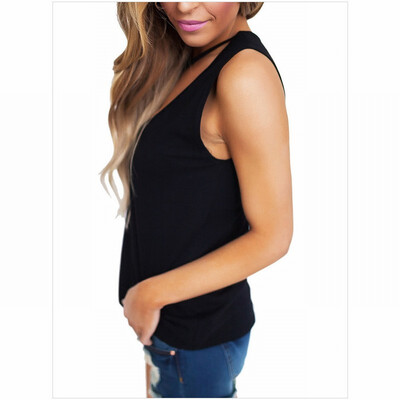 Low round neck sleeveless hollow Y decorative solid color straight casual T-shirt top
Low round neck sleeveless hollow Y decorative solid color straight casual T-shirt top